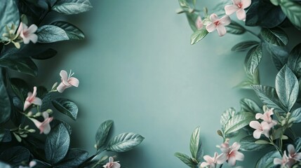 Sticker - Delicate pink flowers and lush green leaves framing a serene teal background