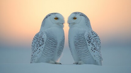Wall Mural - two snowy owls standing closely side by side with a soft sunset colored background