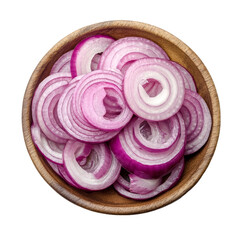 Wall Mural - Freshly sliced red onion arranged neatly on a wooden plate against a clean transparent background for culinary use, slice onion in a plate isolated on transparent background