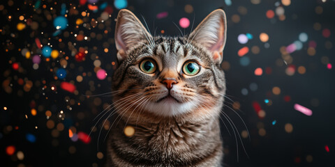  A tabby cat with striking green eyes looks upward, surrounded by vibrant confetti and warm bokeh lighting