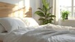 © Phata - Scandinavian bedroom design, close-up of white linens and wooden accents, bright natural light