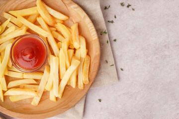 Wall Mural - Plate with tasty french fries and ketchup on white background