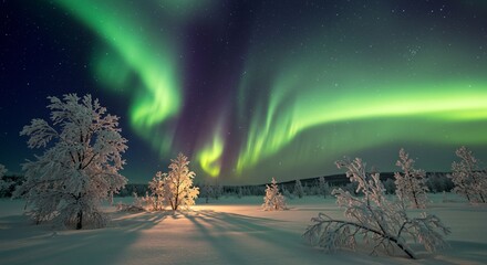 A serene tundra landscape with frost-covered trees shimmering under the aurora borealis