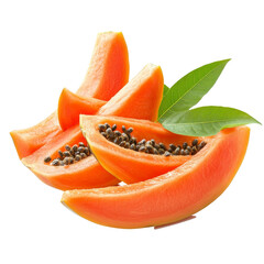 Wall Mural - Fresh ripe papaya slices showcasing vibrant orange flesh and black seeds topped with a green leaf isolated on transparent, ripe papaya slices with leaf isolated on transparent background