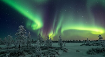 A serene tundra landscape with frost-covered trees shimmering under the aurora borealis