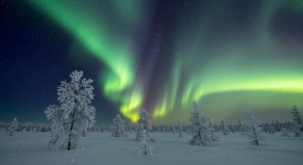 a serene tundra landscape with frost-covered trees shimmering under the aurora borealis