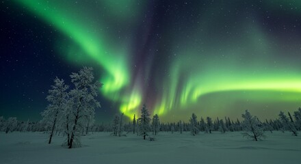 A serene tundra landscape with frost-covered trees shimmering under the aurora borealis