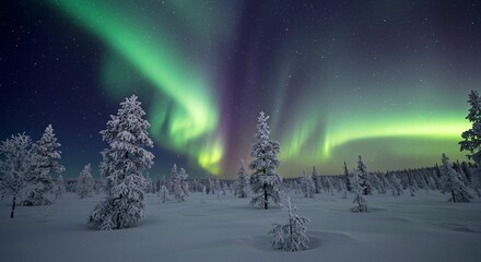 A serene tundra landscape with frost-covered trees shimmering under the aurora borealis