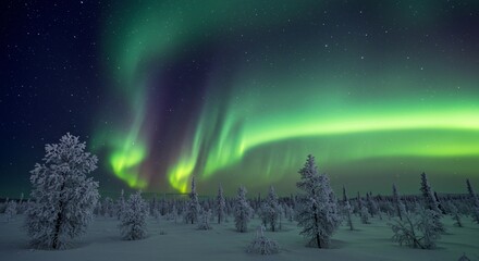 A serene tundra landscape with frost-covered trees shimmering under the aurora borealis