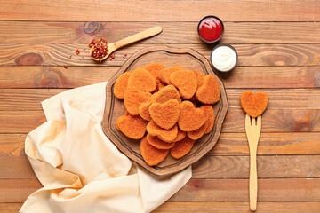 Wall Mural - Board with tasty nuggets in shape of heart and different sauces on wooden background. Valentine's Day celebration