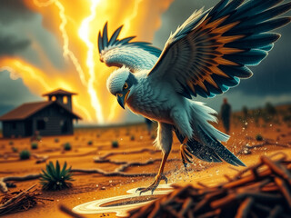 Canvas Print - A bird is flying in the sky above a desert. The sky is filled with lightning and the bird is in the middle of a storm