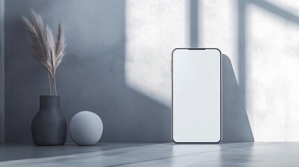 Poster - Smartphone with blank screen standing on floor with pampas grass in vase