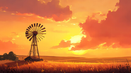 Golden hour serenity wooden windmill on open prairie nature landscape photography vibrant sunset viewpoint tranquil environment. Vibrant Prairie. Illustration