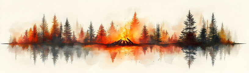 Sticker - Forest fire reflection lake artwork