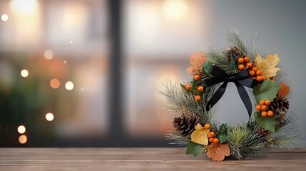 Wall Mural -   A Christmas wreath atop a wooden table by a window, with a lit candle in the background