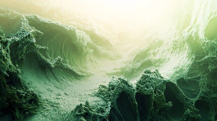 Poster - Green alien waves crashing in an extraterrestrial ocean or sea with bright sunlight