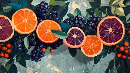 Wall Mural - Vibrant citrus fruit and dark berries elegantly arranged a lush autumnal still life. AI Generated