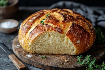 Fototapete - Partially sliced round loaf of artisan bread showcases golden crispy crust resting on wooden cutting board. sharp knife lies nearby ready for serving.