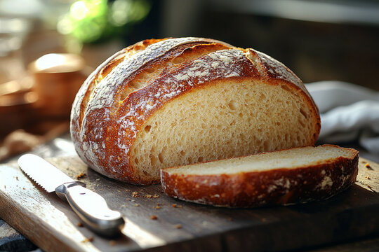 round loaf of artisan bread sits on wooden cutting board partially sliced reveal its soft interior. 