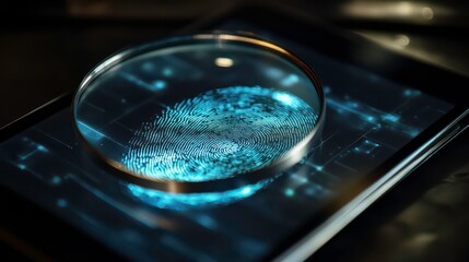 Aufkleber - Close-up of a fingerprint on a digital tablet screen viewed through a magnifying glass.