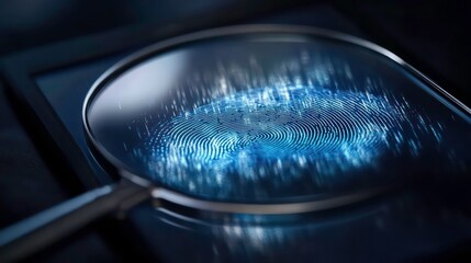 Aufkleber - Close-up of a digital fingerprint magnified under a lens, showing data streams.