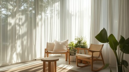 Poster - Sunlit living room with two armchairs, plants, and sheer curtains.