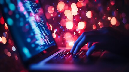 Night Coding: A programmer's hands typing on a laptop keyboard illuminated by colorful bokeh lights, creating a vibrant and dynamic atmosphere.