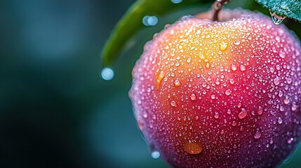 Wall Mural -   A red apple on a tree, photographed closely to show its details Water droplets cling to the top and bottom of the fruit