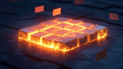 Poster - Glowing metal cubes arranged in a square formation on a dark surface, emitting intense heat and light.