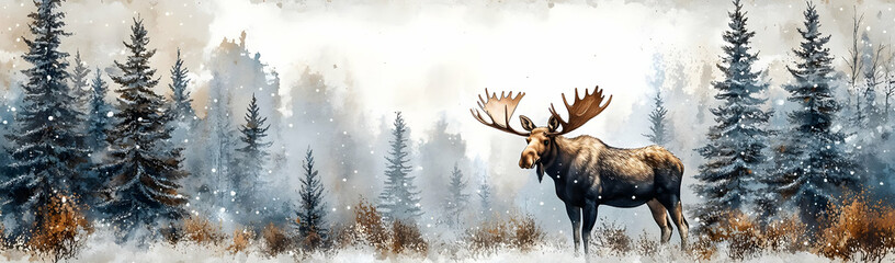 Sticker - Moose in snowy winter forest; nature print