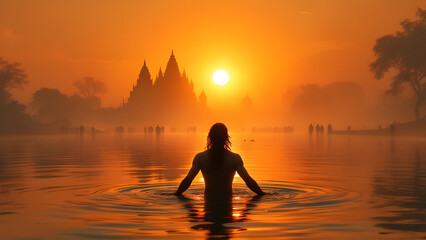 Wall Mural - Indian Hindu sadhu taking holy bath in sacred river during Kumbh Mela religious gathering.