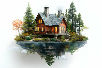 Sticker - Lakeside autumn cabin, forest, floating island,  real estate