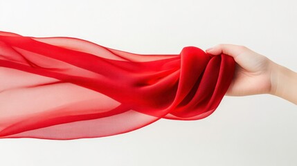 Poster - Hand holding flowing red sheer fabric against white background.