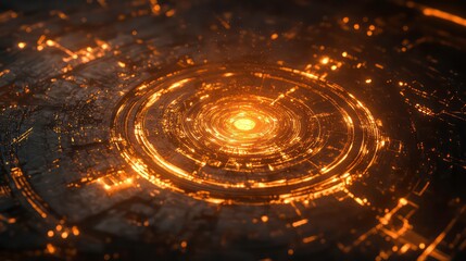 Poster - Glowing orange circular futuristic technology interface.