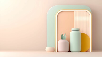Wall Mural - a minimalist display featuring pastel-colored vases and a decorative backdrop in soft tones creates 