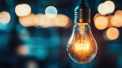 Aufkleber - Glowing vintage lightbulb hanging against a blurred background of warm lights.