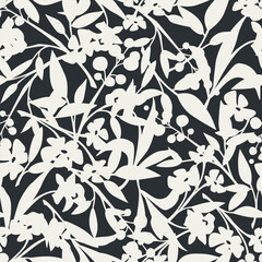 Wall Mural - floral pattern with flowers and leaves silhouettes. modern floral print. vector seamless background