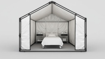 Wall Mural - White Emergency Hospital Tent Interior with Bed, Nightstand, and Medical Supplies, Ideal for Healthcare Settings and Disaster Response Situations