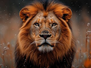 Wall Mural - majestic lion portrait with intense gaze in a snowy savanna environment wildlife