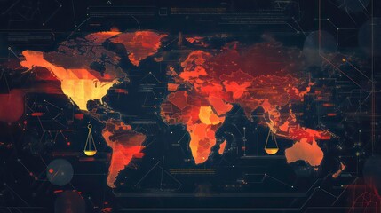 Leinwandbilder - Global network map with scales of justice, depicting international connectivity and law.