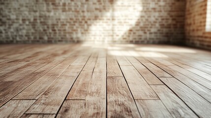 Aufkleber - Empty room with wooden floor and brick wall receiving sunlight