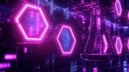 Poster - Abstract neon scales of justice in futuristic digital background.