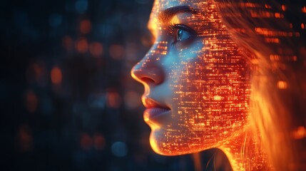 woman's face with glowing digital data overlay.