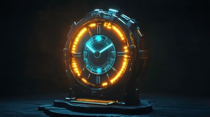 Poster - Futuristic clock with glowing Roman numerals and hands, standing on a dark surface.