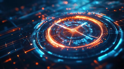 Poster - Futuristic clock interface with glowing neon lines and circular design elements.