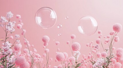 Wall Mural - Soap bubbles floating over blooming pink flowers on pink background