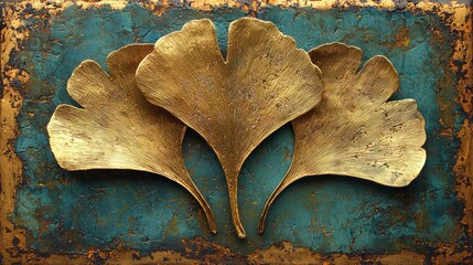 Wall Mural - Golden Ginkgo Leaves on Textured Blue Background