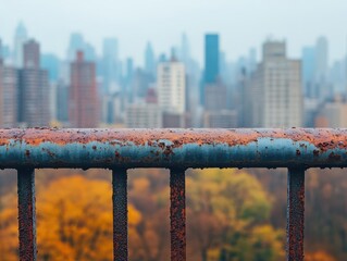 Aufkleber - Captivating Urban Landscape Framed by a Robust Metal Fence Showcasing a Vibrant City Skyline Under Clear Blue Skies Evoking a Dynamic Atmosphere