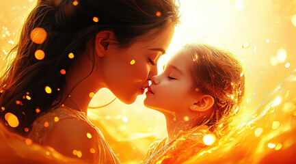 Poster - Mom and daughter kiss, the sun shines on their faces