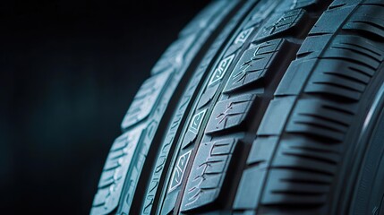 Poster - Closeup of a Weathered Tire on a Dark Background Highlighting Texture and Detail with an Emphasis on Industrial and Urban Elements in Stillness